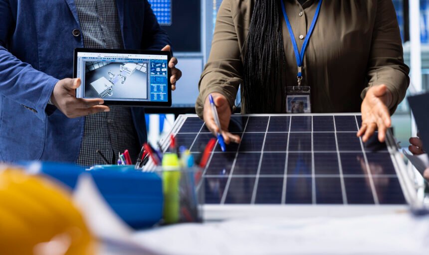 Photovoltaics factory investors evaluating solar panel structure design, addressing technical considerations and innovations for advancing clean energy technology, close up shot