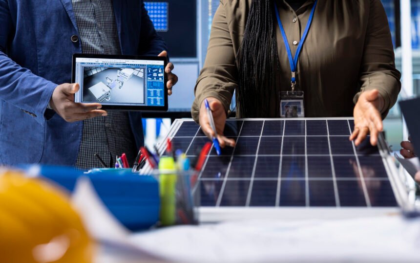 Photovoltaics factory investors evaluating solar panel structure design, addressing technical considerations and innovations for advancing clean energy technology, close up shot